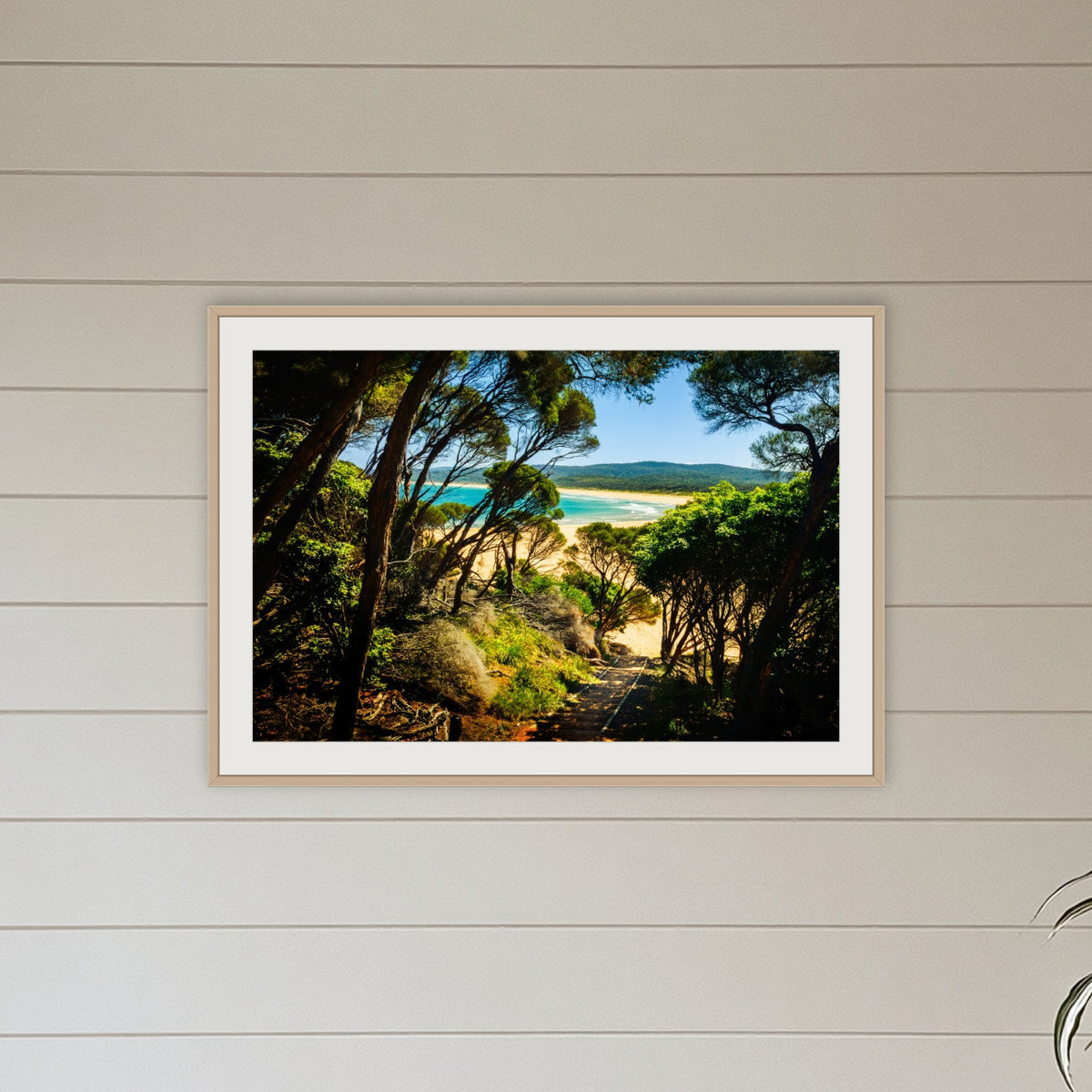 Wallagoot Lake framed print in oak with a white mat, hanging in a coastal lounge room