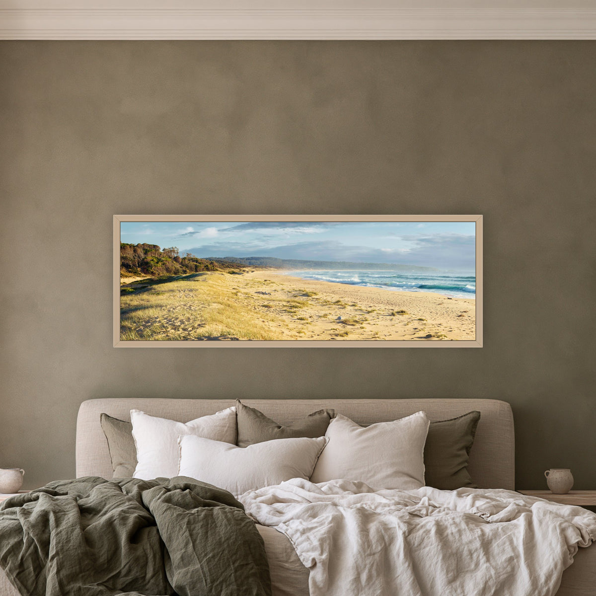 Bournda Beach super wide panorama in an oak frame above an upholstered bedhead — wall art, Sapphire Coast NSW
