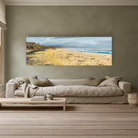 Bournda Beach super wide panorama in acrylic above a long linen sofa — wall art, Sapphire Coast NSW