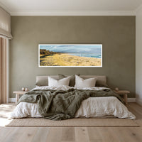 Bournda Beach super wide panorama in a white frame above a linen bed — wall art, Sapphire Coast NSW