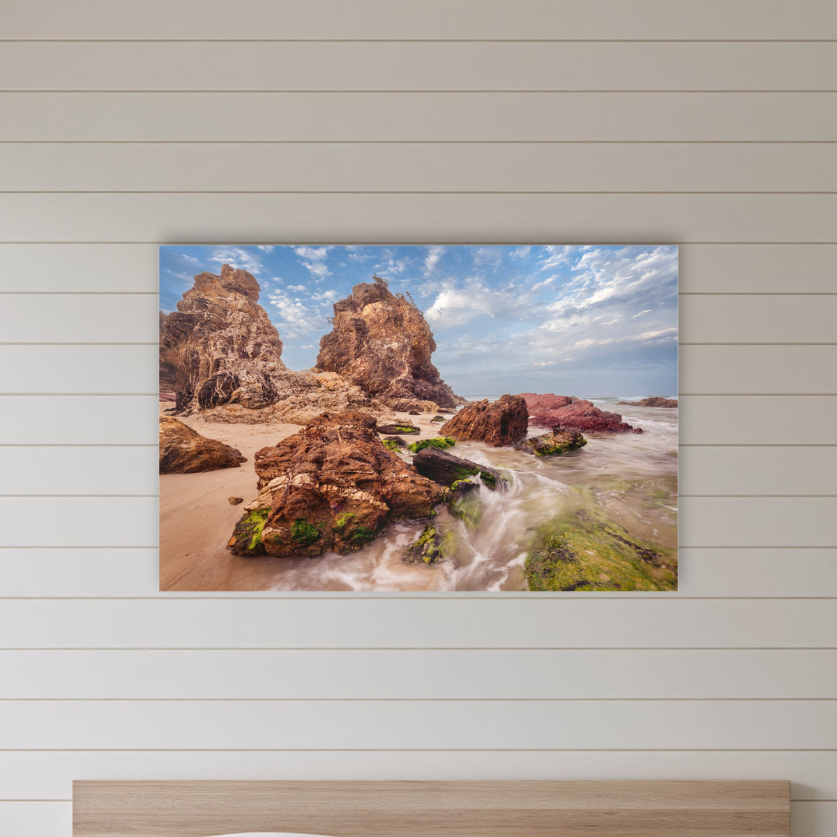 Pambula Rocks acrylic panel wall art in a shiplap-panelled bedroom