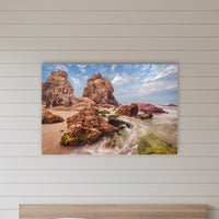Pambula Rocks acrylic panel wall art in a shiplap-panelled bedroom