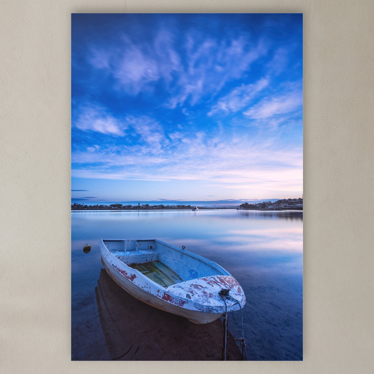 Little Dinghy on Merimbula Lake acrylic panel wall art in a hallway