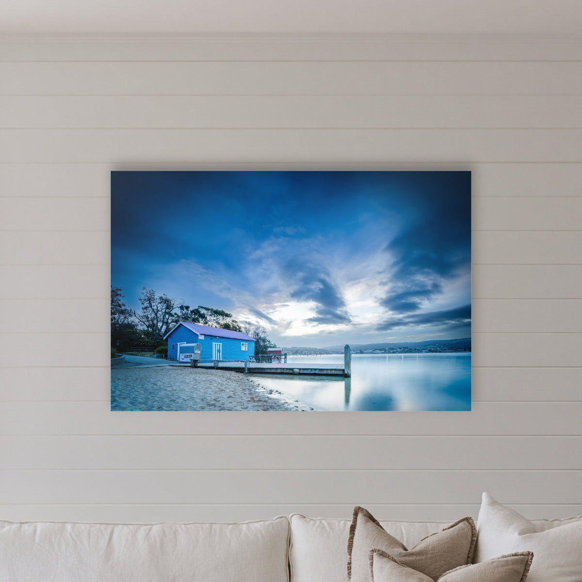 Mitchies Jetty at Dusk, Smooth Lake acrylic panel wall art in a lounge room