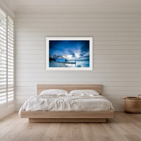 Mitchies Jetty at Dusk, Smooth Lake in a white frame with a white mat, in a bedroom