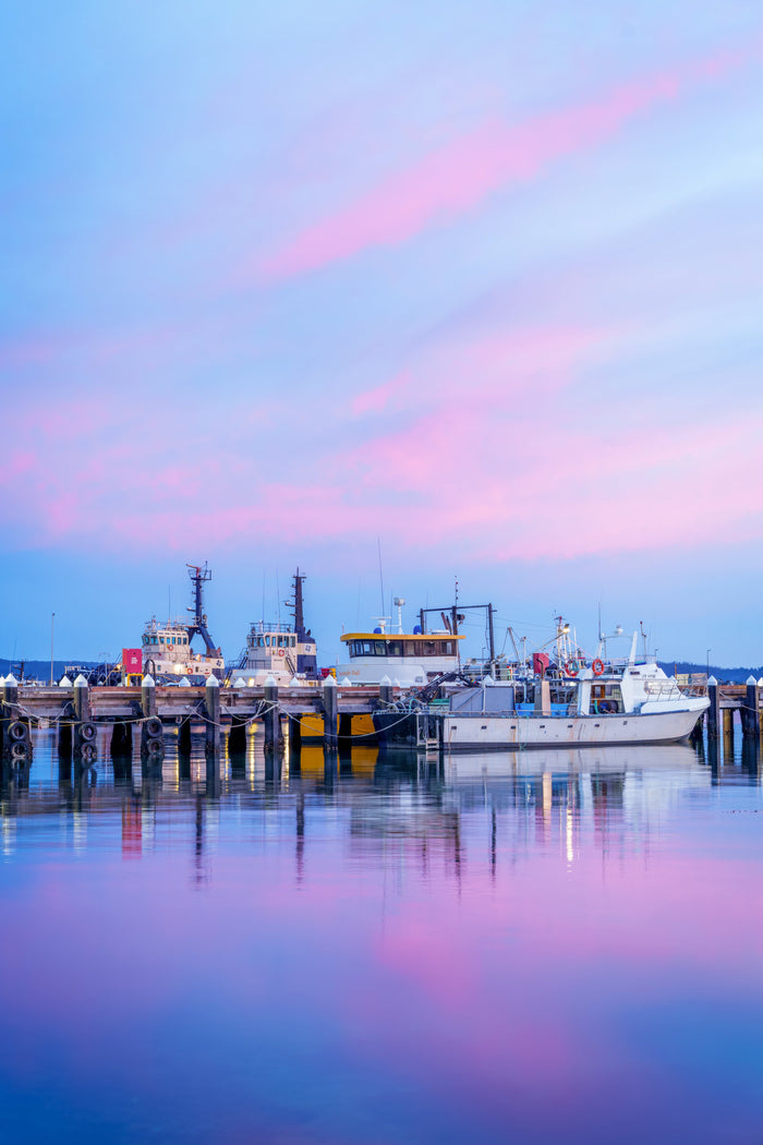 Tugs and fishing boats moored at the Eden wharf at dusk, pink cloud reflected in the still water — fine art print