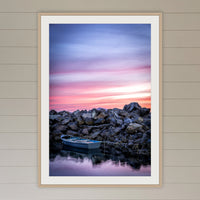 Eden Showtime framed print in oak with a white mat, in a coastal lounge room