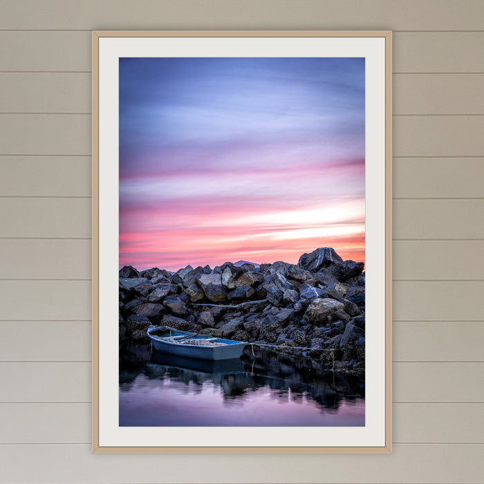 Eden Showtime framed print in oak with a white mat, in a coastal lounge room