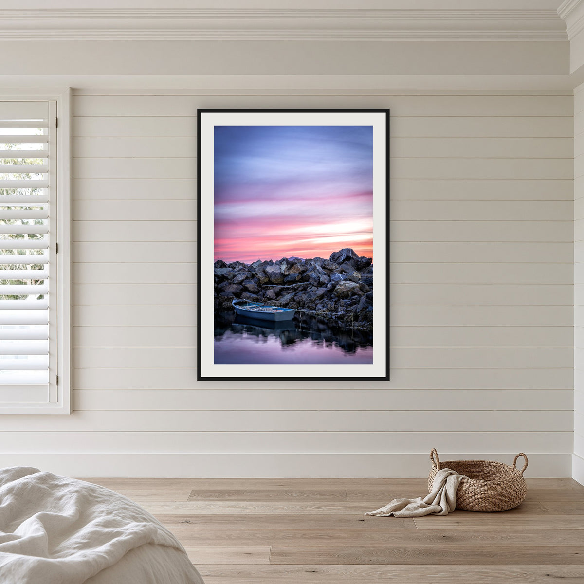 Eden Showtime framed print in black with a white mat, in a coastal bedroom