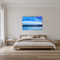 Dawn over Merimbula Lake acrylic panel wall art in a bedroom