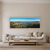 Merimbula Township super wide panorama in an oak frame above a linen sofa — wall art, Sapphire Coast NSW