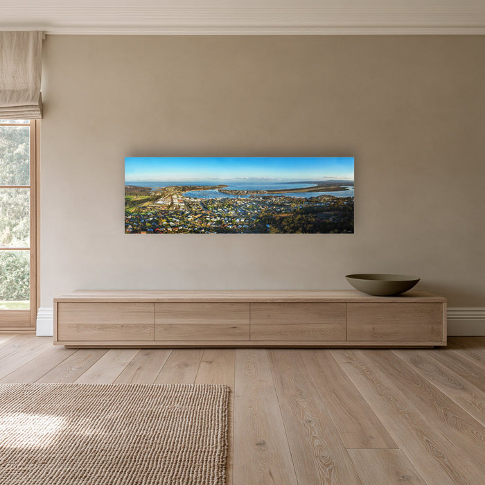 Merimbula Township super wide panorama in acrylic above a long oak sideboard — wall art, Sapphire Coast NSW