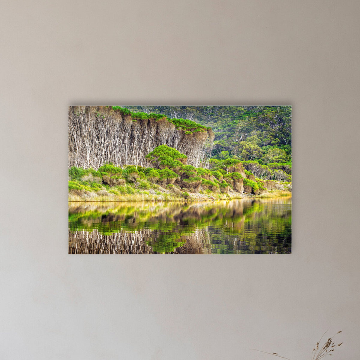 Bournda Lagoon's Serenity acrylic panel wall art in a hallway