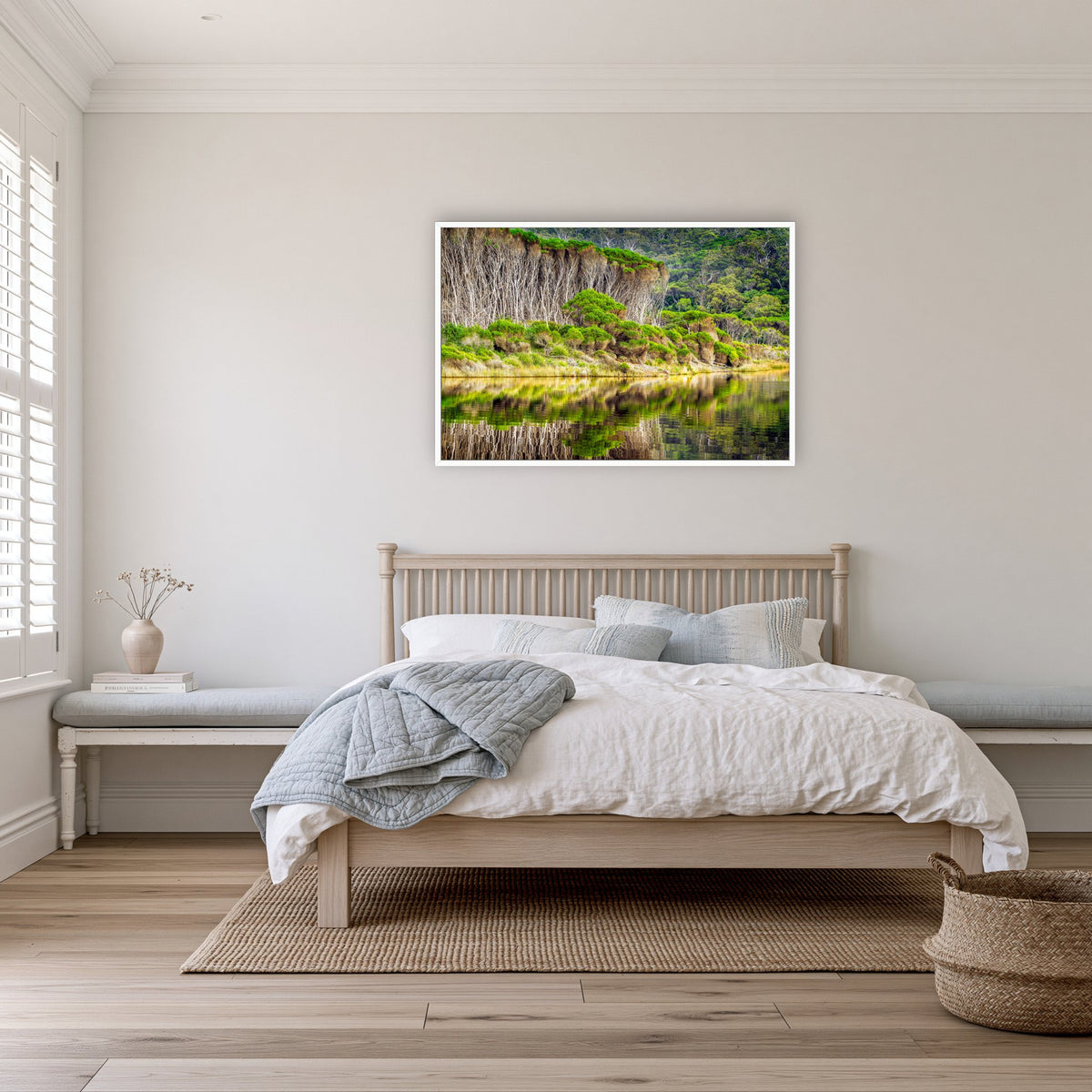 Bournda Lagoon's Serenity in a white frame without a mat, on a coastal bedroom wall