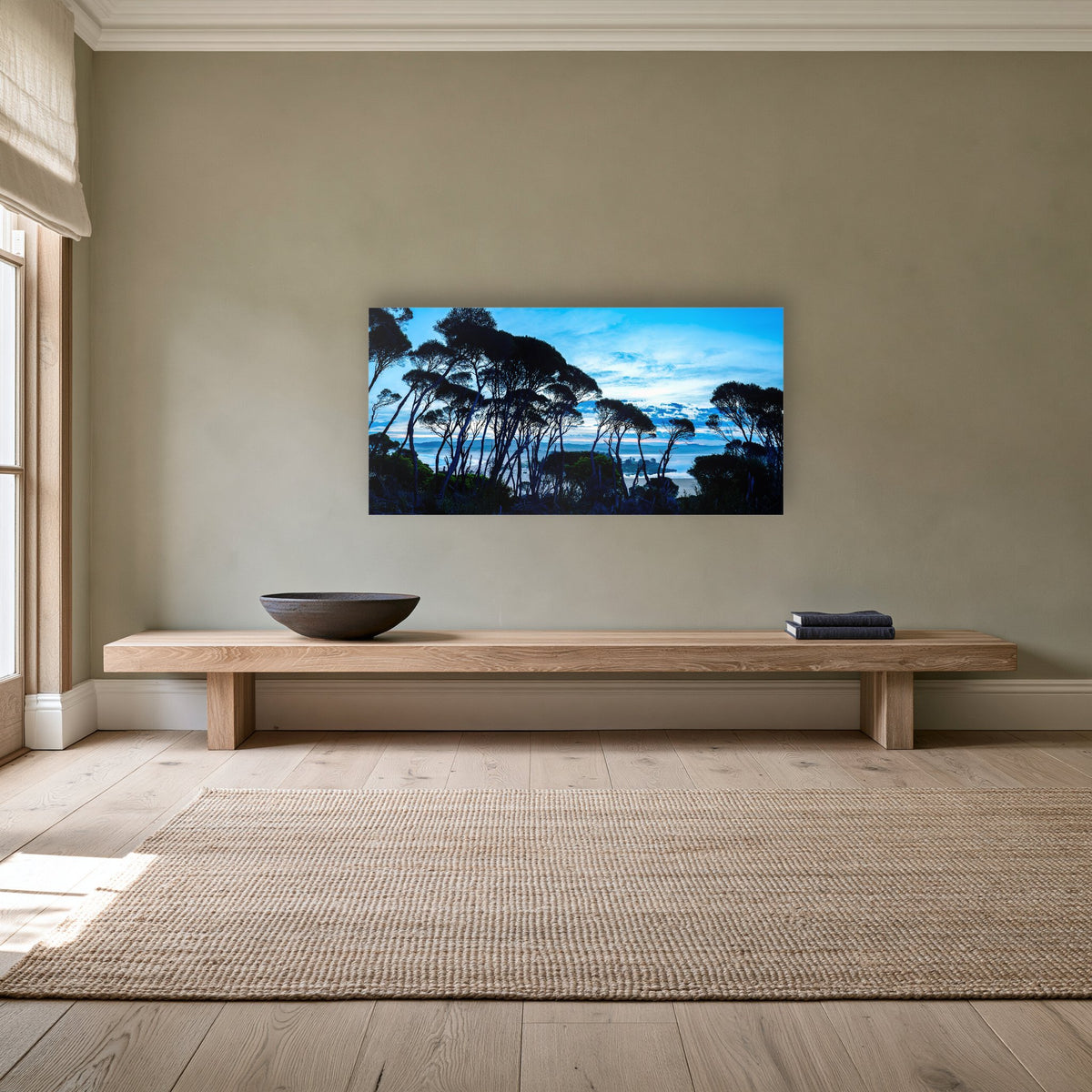 Wallagoot Lake and Sea at Blue Hour acrylic panel wall art above a long oak bench against a soft grey-green wall