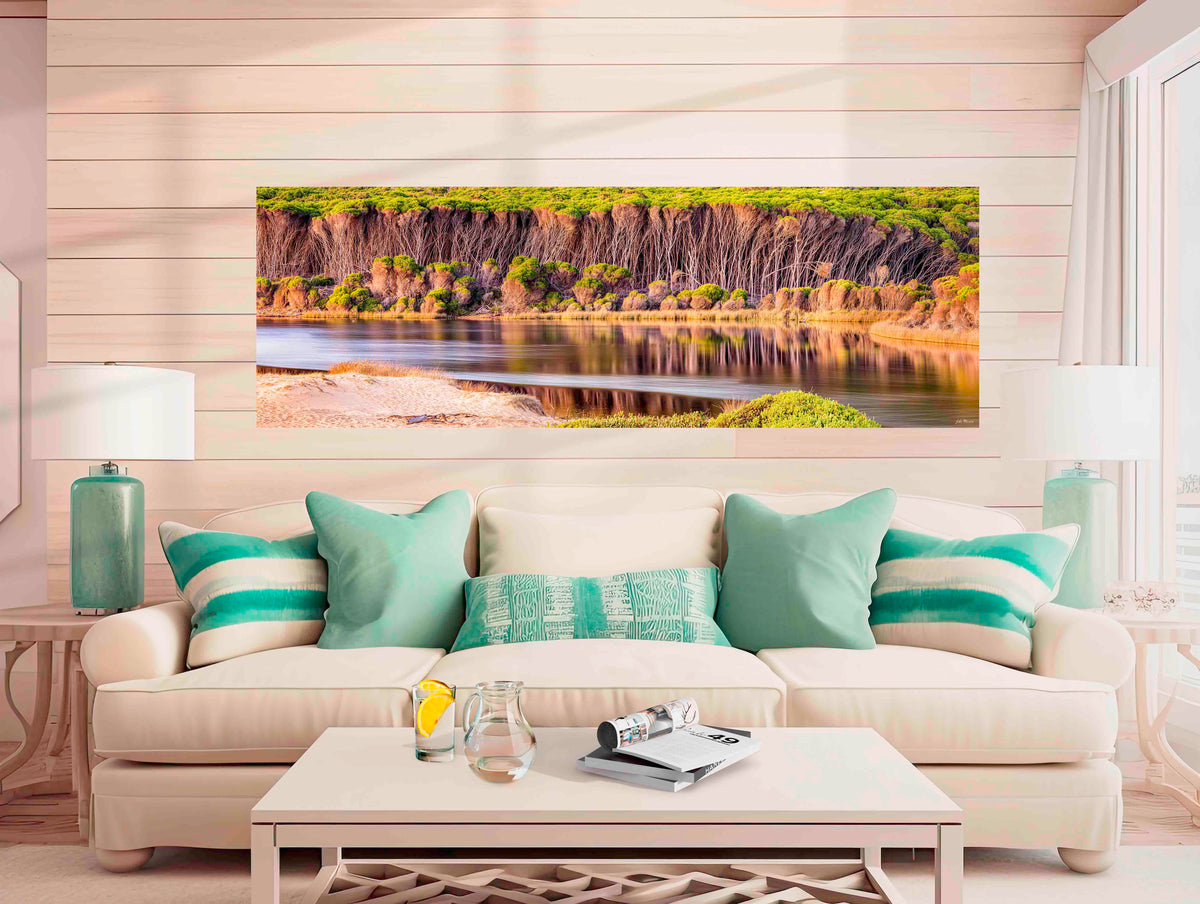 Bournda Lagoon panorama with swans and melaleuca trees — acrylic wall art, Bournda National Park NSW