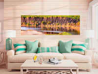 Bournda Lagoon panorama with swans and melaleuca trees — acrylic wall art, Bournda National Park NSW