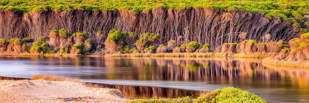 Bournda Lagoon super wide panorama, glassy reflections, Sapphire Coast NSW