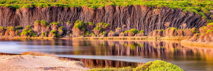 Bournda Lagoon super wide panorama, glassy reflections, Sapphire Coast NSW