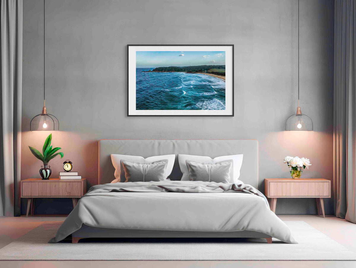 Cuttagee Beach wall art — historic wooden bridge and sandy beach near Bermagui, NSW