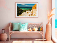The Pinnacles wall art — white sand cliffs with red clay cap, Beowa National Park NSW
