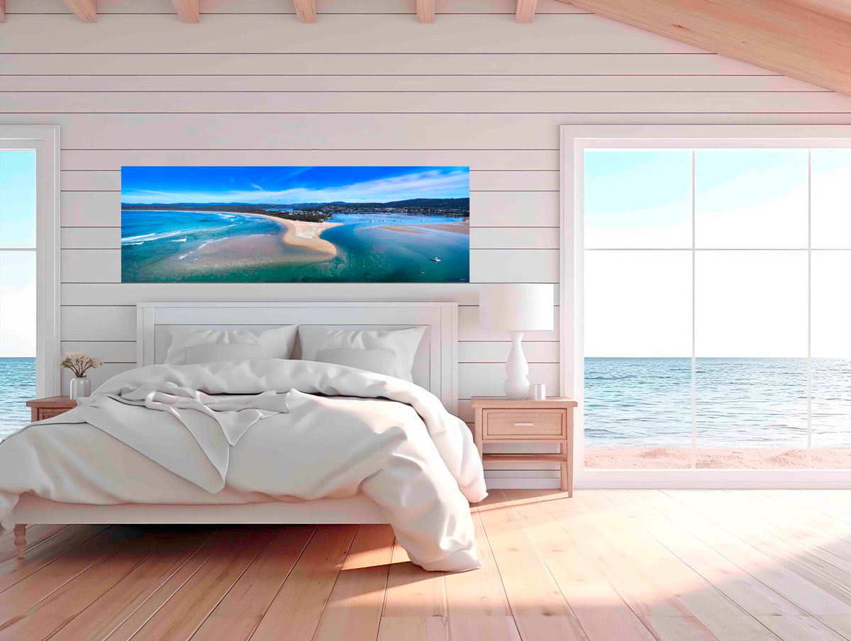 Merimbula Lake and coastline aerial panorama — acrylic wall art, Sapphire Coast NSW