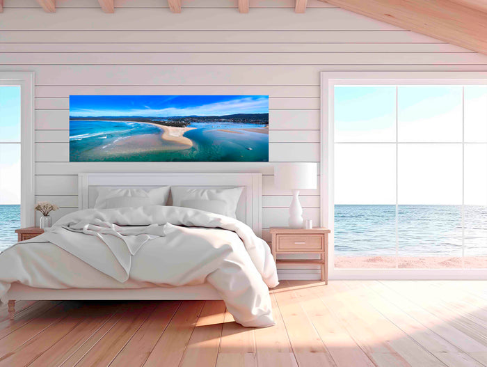 Merimbula Lake and coastline aerial panorama — acrylic wall art, Sapphire Coast NSW