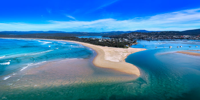 Merimbula Lake aerial 2:1 panorama, NSW Sapphire Coast photography