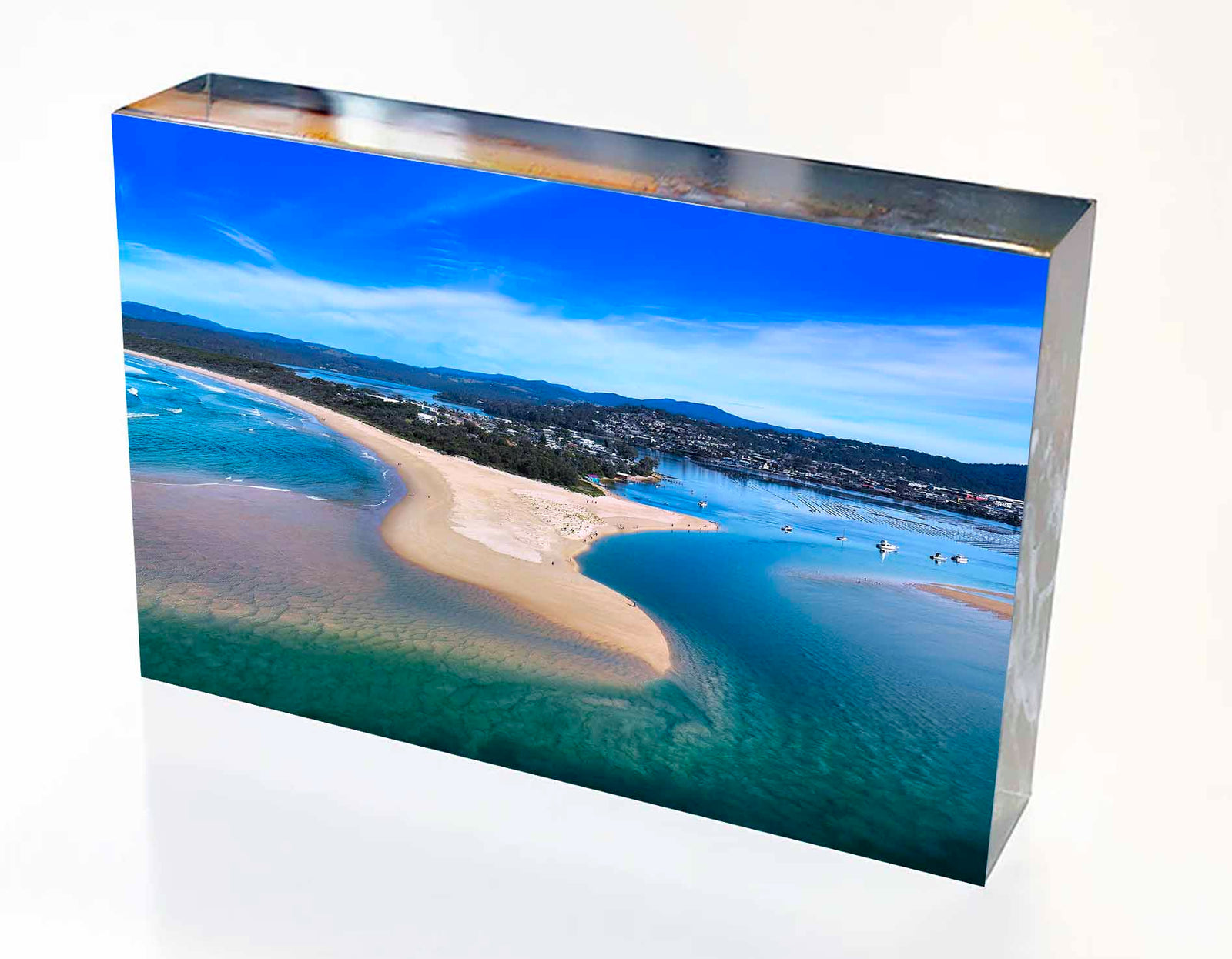 Acrylic block — Merimbula Lake and coastline, NSW Sapphire Coast