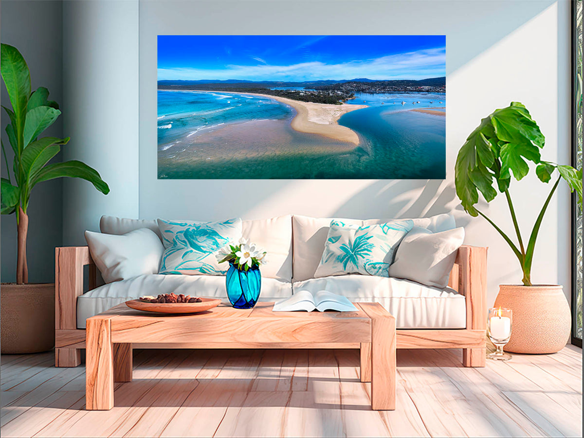Merimbula Coastal Elegance wide panorama — acrylic wall art, beach, lake and township aerial