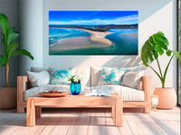 Merimbula Coastal Elegance wide panorama — acrylic wall art, beach, lake and township aerial