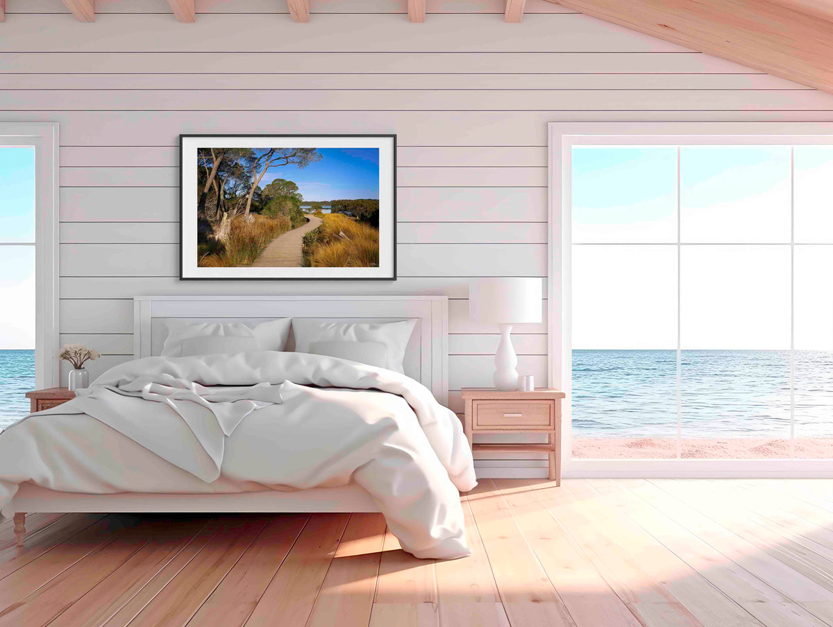Merimbula Boardwalk Five wall art — sunset boardwalk at golden hour, Merimbula NSW