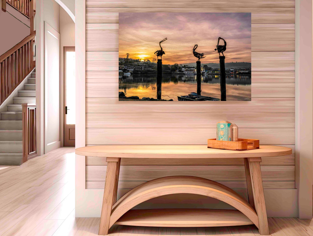 Pelican sculptures Merimbula acrylic panel print