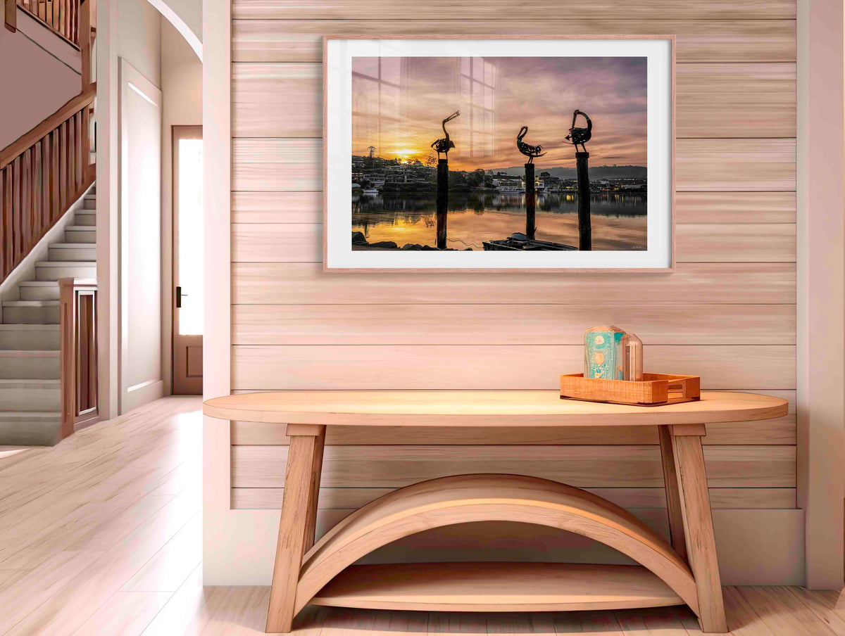 Pelican sculptures Merimbula in timber frame wall art