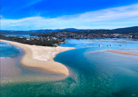 Merimbula Lake coastline aerial print, Fishpen peninsula from above at midday