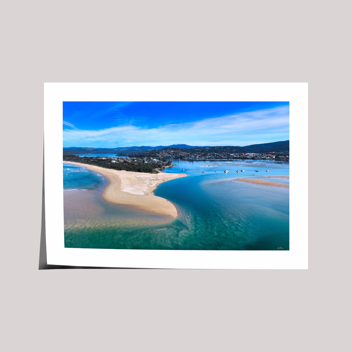 Merimbula Lake, Fishpen and coastline aerial, NSW Sapphire Coast — print detail
