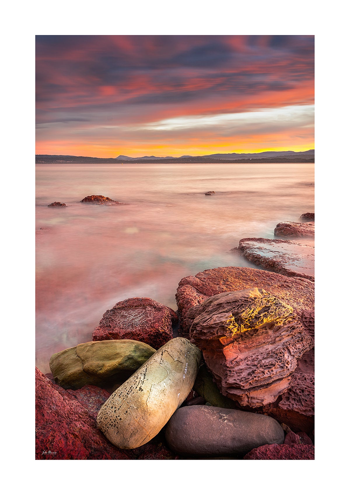 Merimbula Wharf sunset print, Devonian red rocks and Mount Imlay silhouette