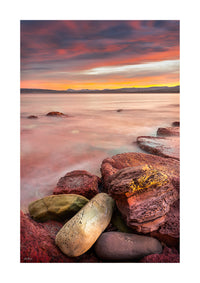 Merimbula Wharf sunset print, Devonian red rocks and Mount Imlay silhouette