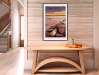 Sunset from Merimbula Wharf wall art — ancient red rocks and Mount Imlay at dusk, NSW