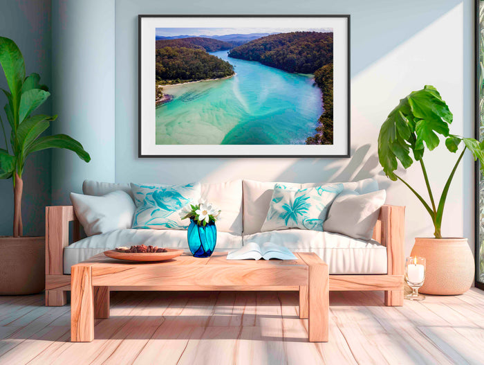 Pambula River aerial wall art — catamaran in turquoise estuary, Beowa National Park NSW