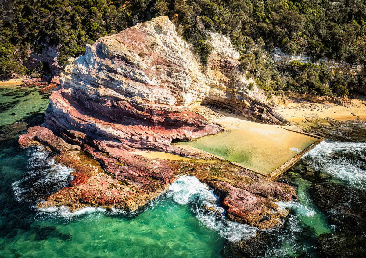 Aslings Beach Rock Pool aerial print, vivid colour and geology from above, Eden NSW