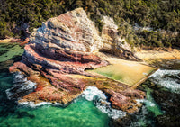 Aslings Beach Rock Pool aerial print, vivid colour and geology from above, Eden NSW