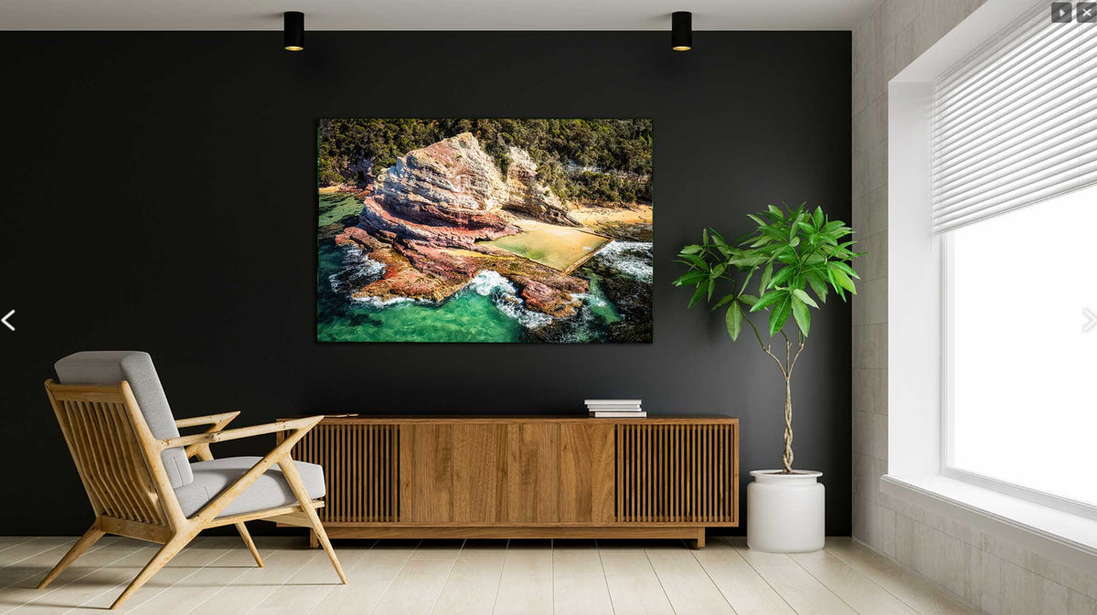 Aslings Beach Rock Pool wall art — aerial view of ancient red rock formation, Eden NSW