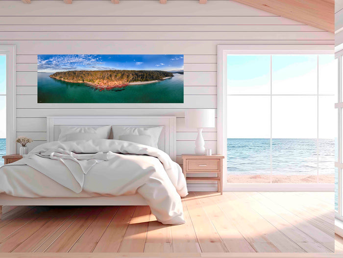 Barmouth Beach Pambula aerial panorama with Haycock Point and Pambula River — acrylic wall art