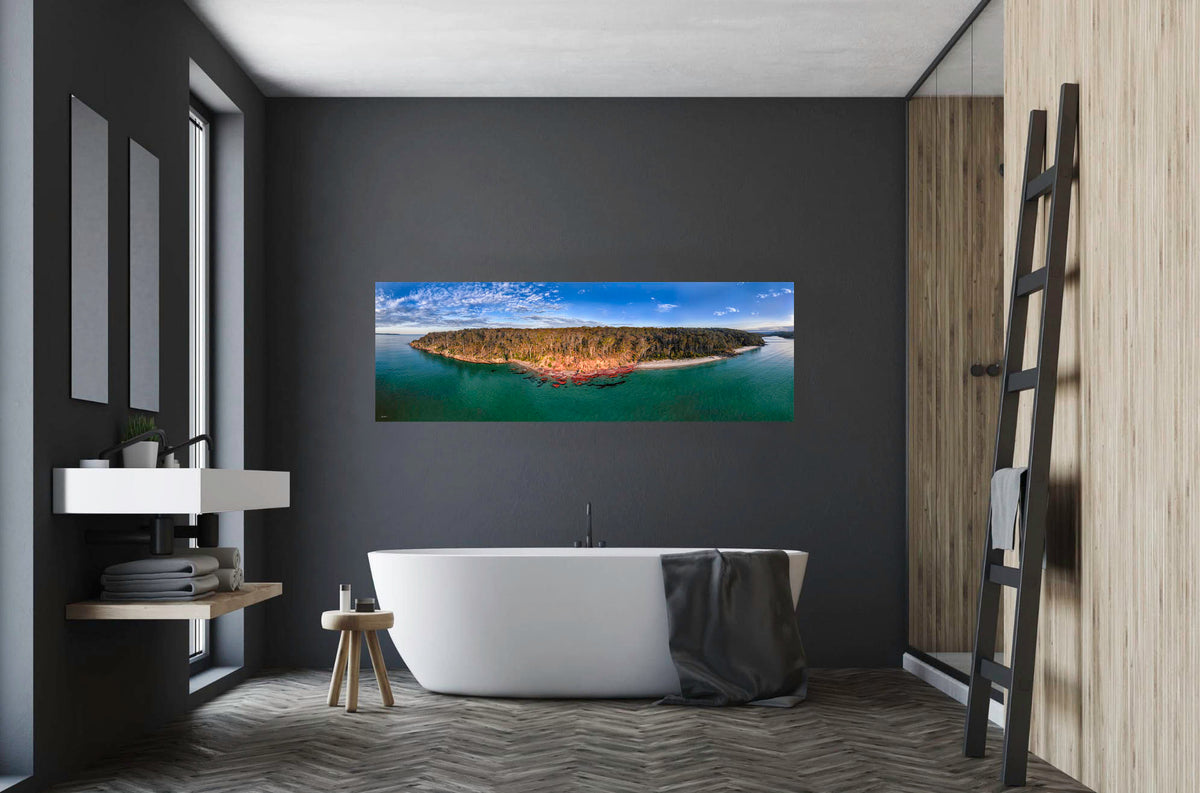 Barmouth Beach Pambula aerial view in timber frame, Beowa National Park NSW