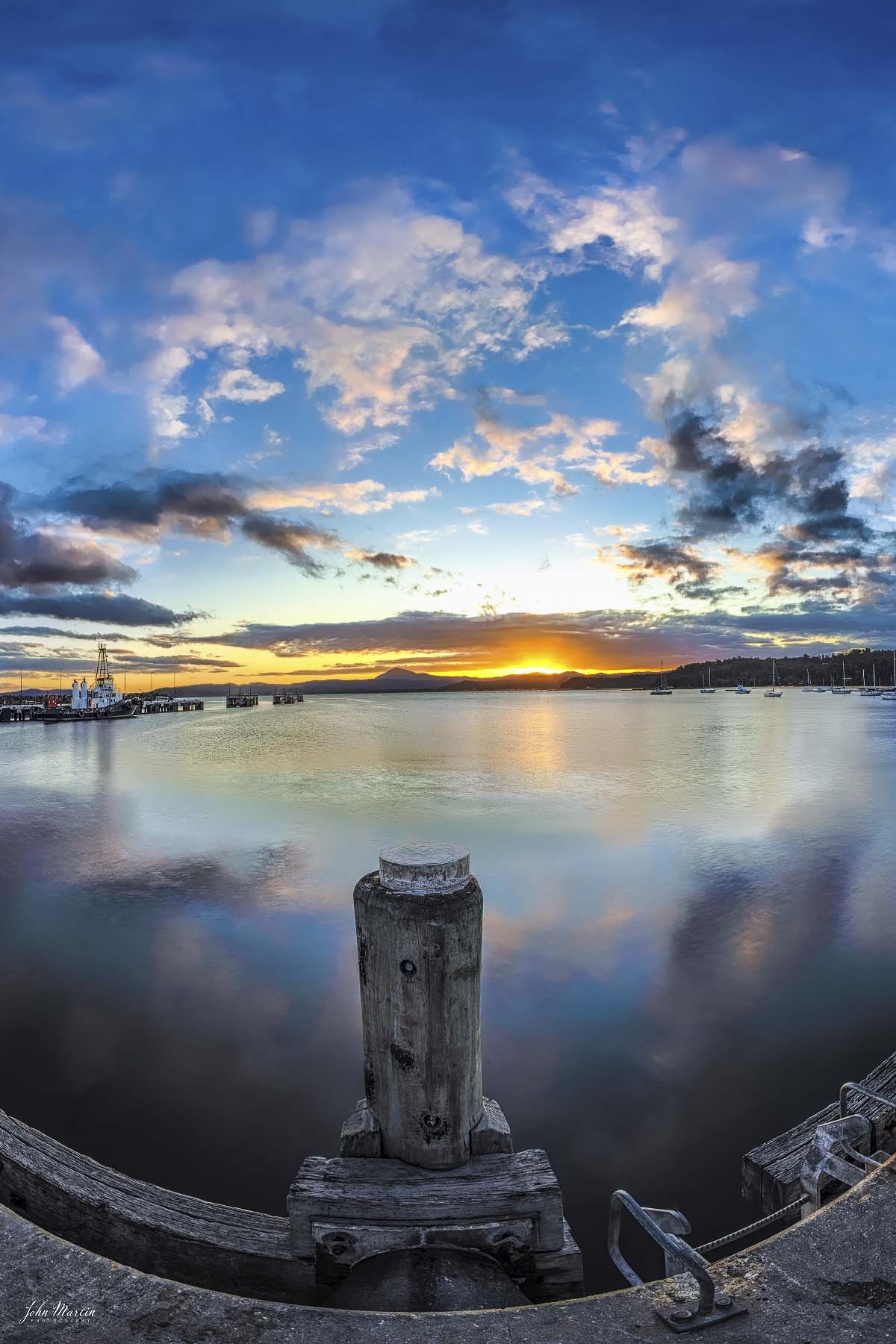 Eden Wharf sunset print, Twofold Bay portrait format with Mount Imlay