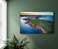 Long Point Merimbula wall art — Devonian red rocks at dusk, NSW Sapphire Coast