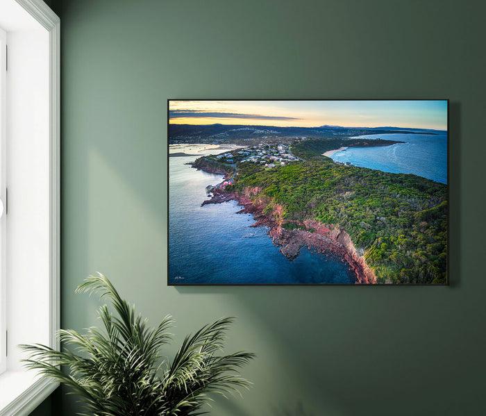 Long Point Merimbula wall art — Devonian red rocks at dusk, NSW Sapphire Coast