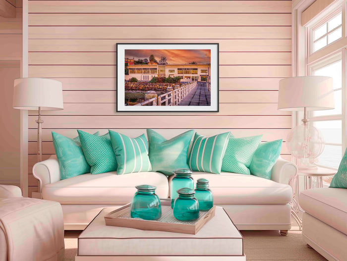 Lakeview Hotel Merimbula wall art — pub under vivid sunset sky, NSW Sapphire Coast