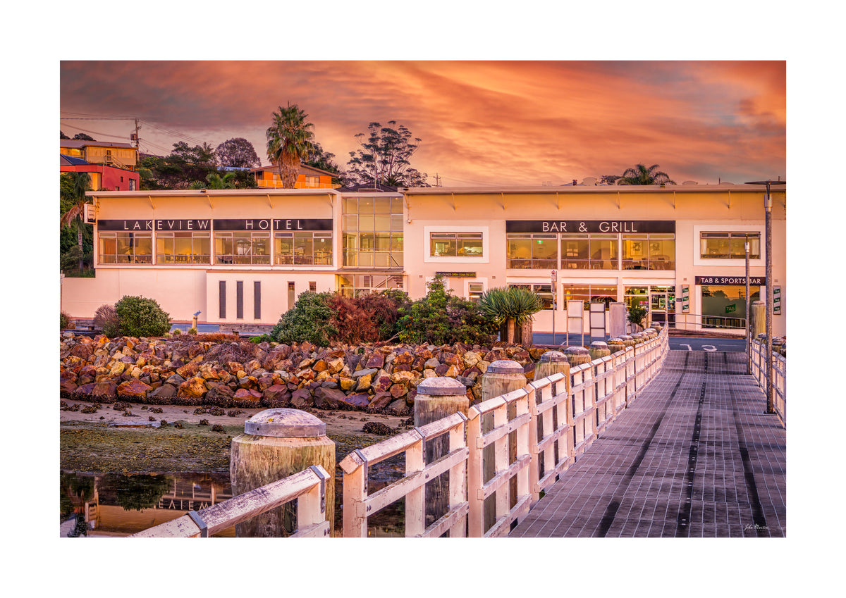Lakeview Hotel Merimbula print, classic pub bathed in orange sunset light